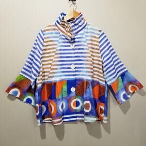 Damee Jacket Womens XL Blue Multicolor Geometric Stripe Button Front Art to Wear